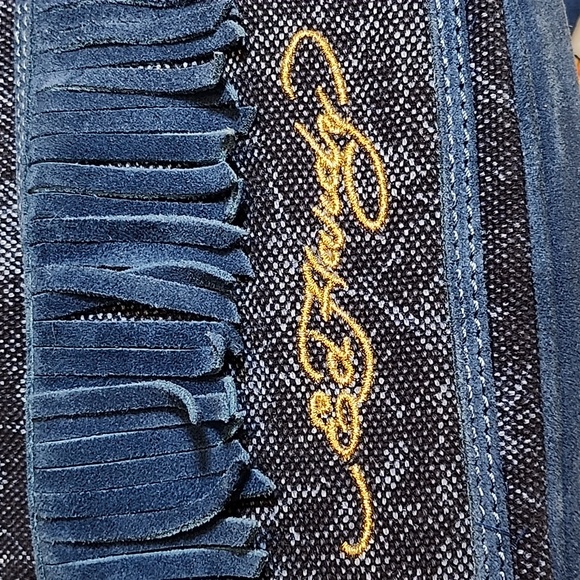 Ed Hardy Vintage Navy Felicia  Denim and Suede  Fringe Bag  Red Accents Rare- - Picture 14 of 16